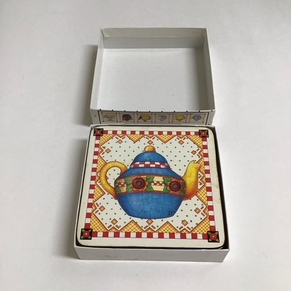 Mary Engelbreit Teapot Coasters Cork Back 4” Square Box SET OF 6 Vintage Cottage - Picture 4 of 16